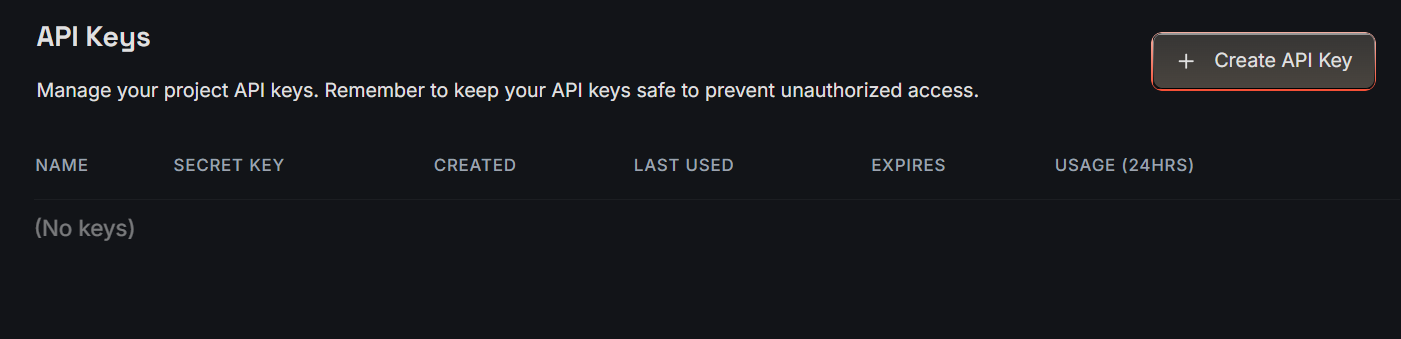API Keys画面とCreate API Keyボタン
